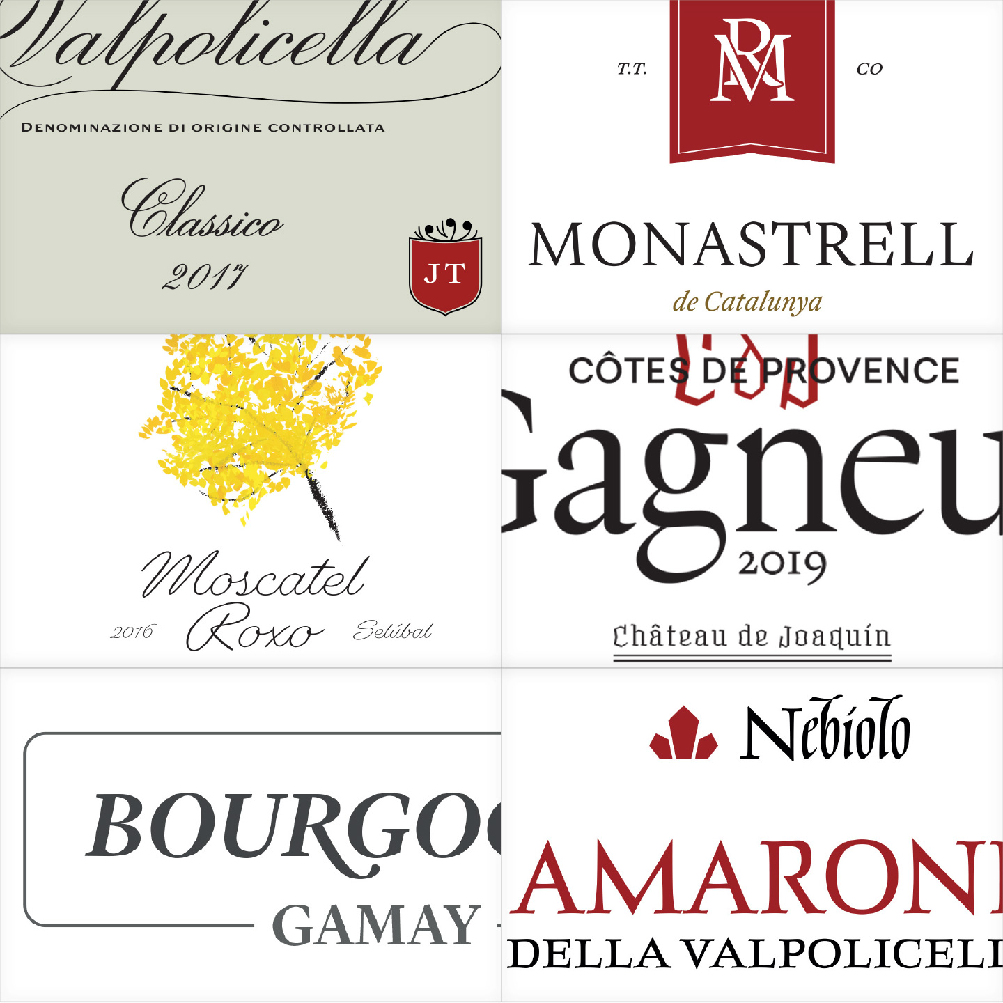 Close-ups of six different wine bottle designs.